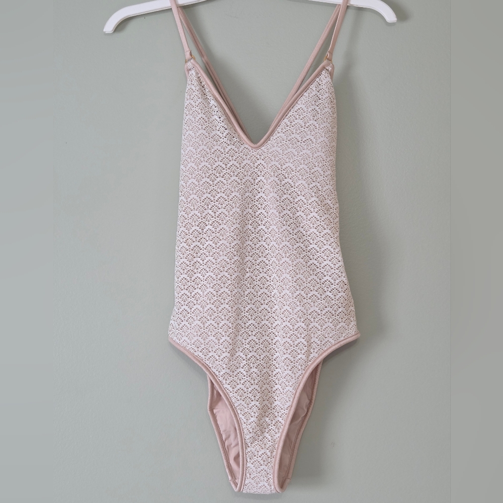 PQ Swim Lace Metallic Gold One-Piece Swimsuit Sz L Coquette Resortwear Festival